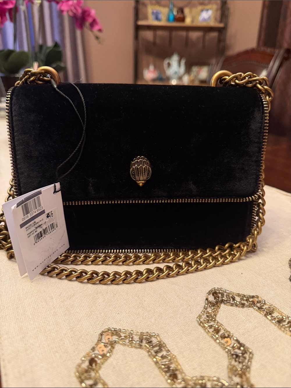 Kurt Geiger Velvet /Leather Chain Shoulder Bag with Gold Hardware - Picture 1 of 9